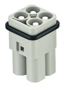 Grey electrical connector with four openings and a black rubber seal around the top edge.