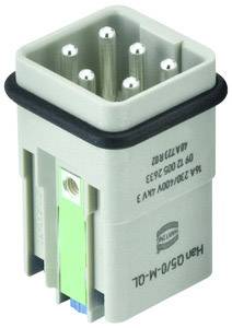 A grey electrical connector with multiple metal pins, side labelling, and a green detail, against a white background.