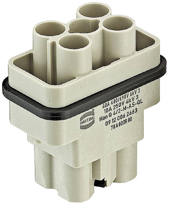 A rectangular, beige-coloured connector with multiple round sockets. Technical specifications are printed on the surface.