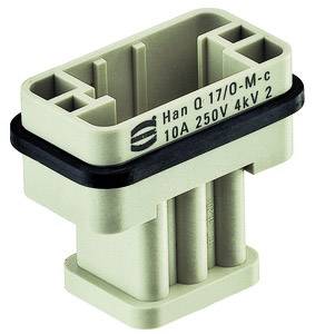 Socket connector, beige, rectangular shape, with black sealing, labelled 'Han Q 17/O-M-c', 10A 250V 4kV 2.