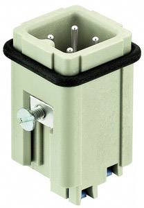 Rectangular plug connector with screw lock and four metallic pins, used in electrical applications for connection.