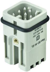 Grey industrial connector with multiple metal pins and side labelling, surrounded by a black sealing ring.