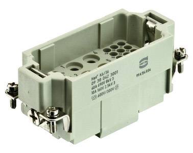 Grey electrical connector with multiple pins and metal screws on the sides. Voltage and current ratings indicated on the surface.