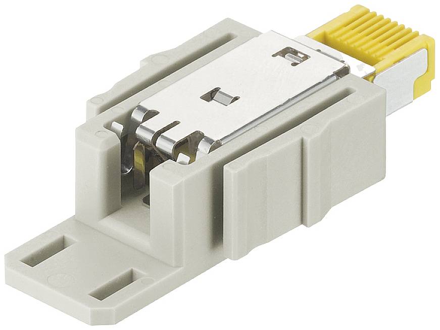 A grey and yellow RJ45 extension adapter made of plastic and metal for mounting, suitable for network cables.