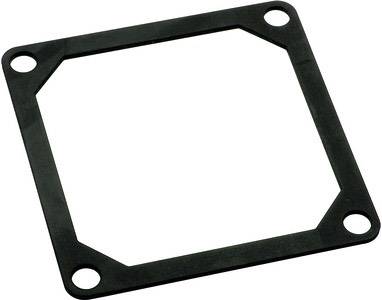 Black, square gasket with four rounded corners and holes in each corner, commonly used for sealing purposes.