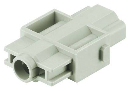 A rectangular grey connector with multiple layered levels and a circular opening at one end.