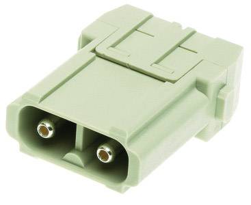 Green electrical connector with two metal contacts, rectangular in shape, for use in electronic devices.