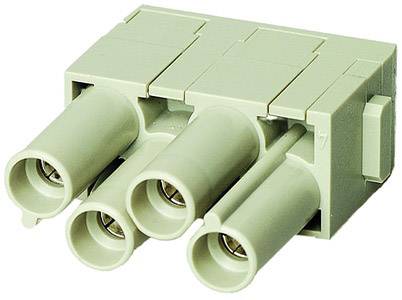 A grey plastic plug with four round sockets, suitable for electrical connections, on a white background.