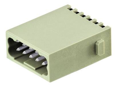 Green plastic plug with multiple metal pins on a white background. Suitable for electronic connections and socket connections.