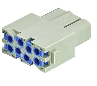 A rectangular grey and blue electrical plug with eight connections, numbered from 1 to 8.