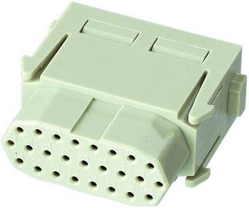 A grey electrical socket with multiple round holes, used for connecting devices or cables.
