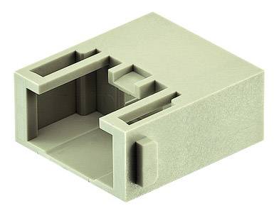 Plastic connector housing with a rectangular opening and multiple slots, featuring a side indentation for secure connection.
