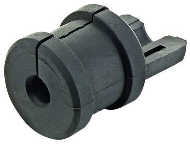 A black, cylindrical plastic component with longitudinal slots and a hole in the centre, possibly part of a larger mechanism.