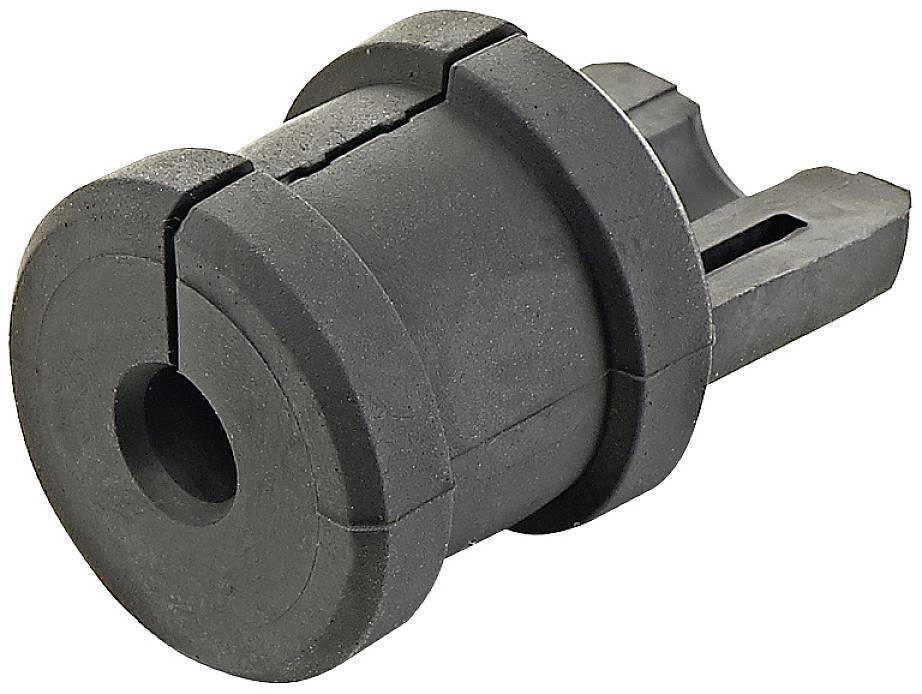 Black, cylindrical plastic component with cuts, likely an automotive part. Rectangular extension on one side.