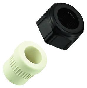 Two plastic pipe fittings in black and white positioned side by side on a white background.