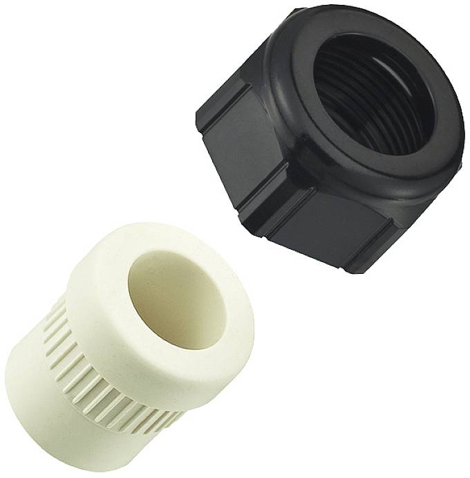 Two plastic parts: a black hexagonal and a white cylindrical plastic element with a ribbed exterior.
