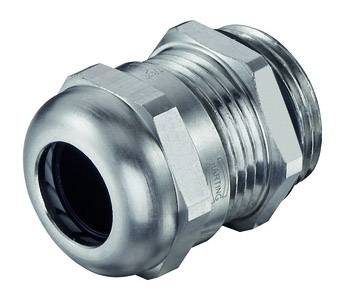 Metal cable gland, cylindrical shape, with thread; used for secure connection and sealing of cables in electrical applications.
