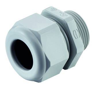 Cable gland made of grey plastic; used for securely introducing cables into enclosures.