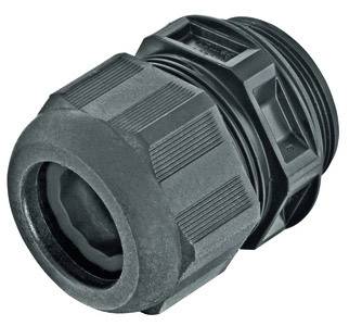 A black plastic cable gland with a ribbed body and thread, suitable for securing and sealing cables.