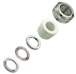 Exploded view of a bolted assembly set: metal sleeve, plastic nut, sealing ring, spring and metal ring, shown in sequence.
