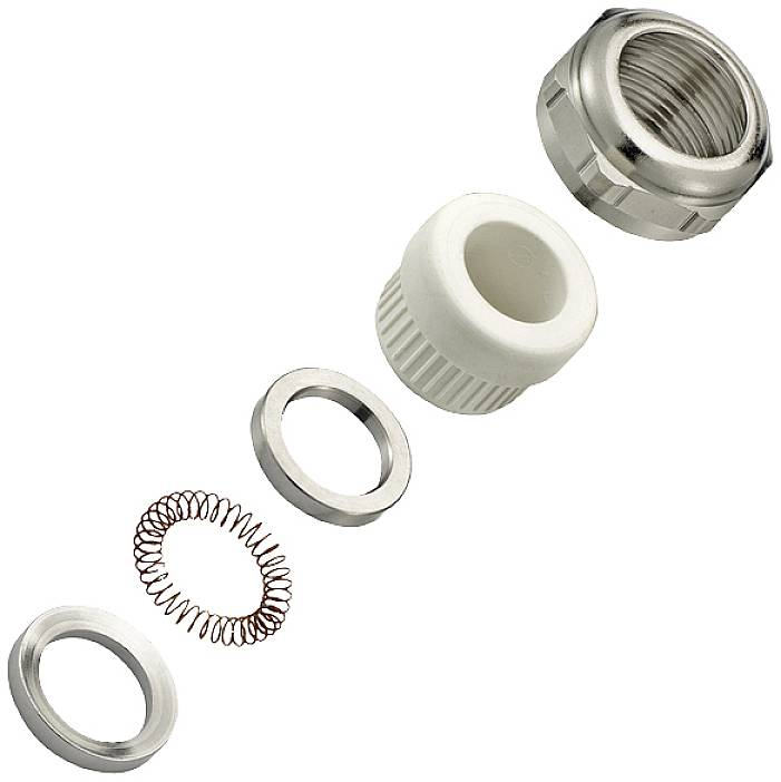 Exploded view drawing of a threaded connection with individual components: metal housing, plastic seal, two metal rings, and a spiral spring.
