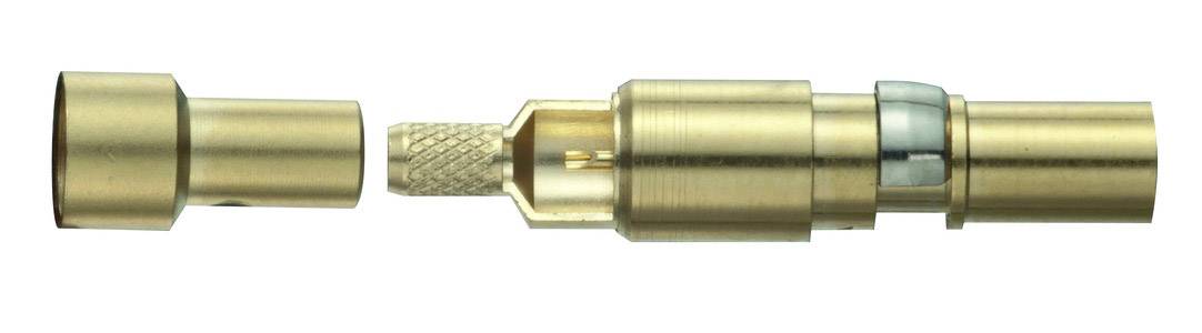 Cross-section of a metallic electrical connector, comprising a plug component, a wire clamp, and a protective cover.