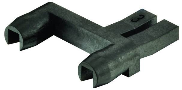 A black, metallic component with a T-shaped structure, rounded ends, and a marking in the rear area.