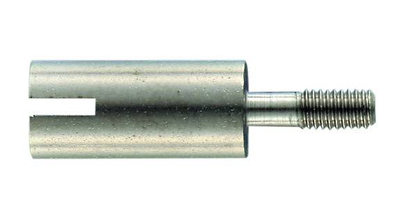 Metallic threaded object, consisting of a cylindrical section with a lateral slot and a protruding screw thread.