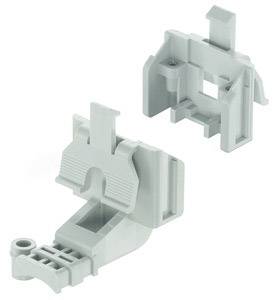 Two grey, rectangular plastic components, presumably connectors or housing parts, that fit together and could be part of a larger mechanism.