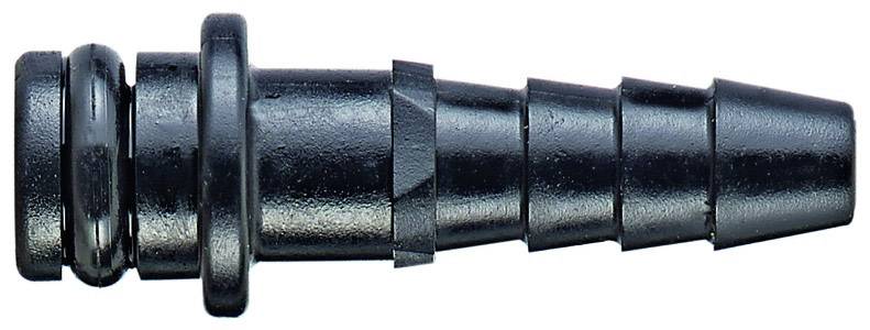 A black, ribbed plastic hose connector with a tapered end, suitable for connecting hoses or pipes.
