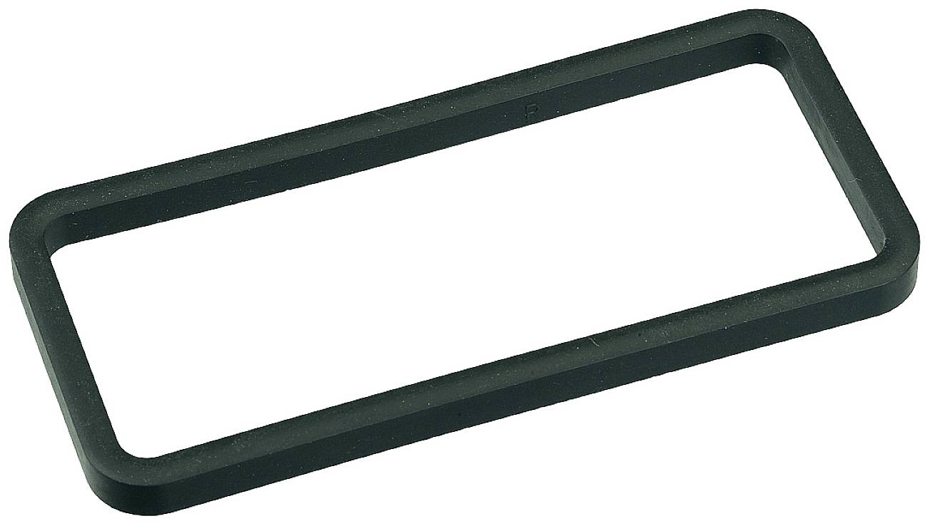 A rectangular black plastic frame that could be used as a sealing ring or cover.