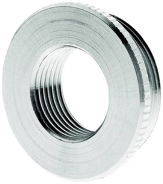A silver, serrated metal ring with internal threading, slightly shown from a side perspective. Primarily for technical applications.