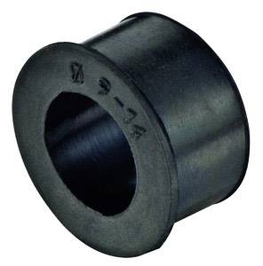 A round, black rubber buffer with a hole in the centre, possibly a component used for dampening or protection in mechanical applications.