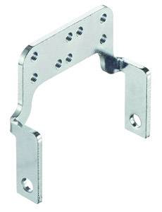 A rectangular, metallic mounting plate with multiple holes, featuring two angled side arms, presumably for fixing or attachment purposes.