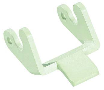 A green, metallic component with two curved arms, each featuring a hole for fastening, potentially a mounting bracket.