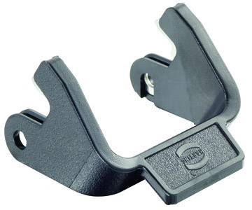 A black plastic clip with two hooks, suitable for securing items.