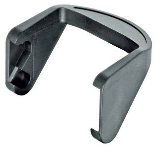A black, U-shaped plastic clip, likely used for attaching or securing items to a rail or rod.