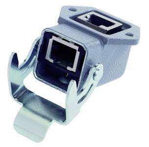 Metallic rectangular component with an RJ45 network connection and mounting clip. Suitable for industrial applications.