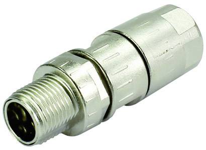 Metallic circular connector with a ribbed surface and multiple contact pins. Suitable for industrial applications.