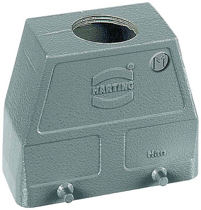Housing for industrial electrical connectors, rectangular, grey, with the inscription 'Harting' and 'Han'. Circular opening at the top for cable connection.