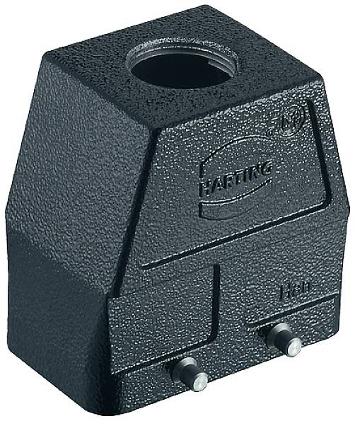 A black, robust metal block with a cylindrical opening at the top. It has the inscription 'Harting' and small vertical pins at the bottom.