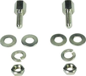 Two rows of screws, nuts, and washers on a white background, arranged symmetrically.