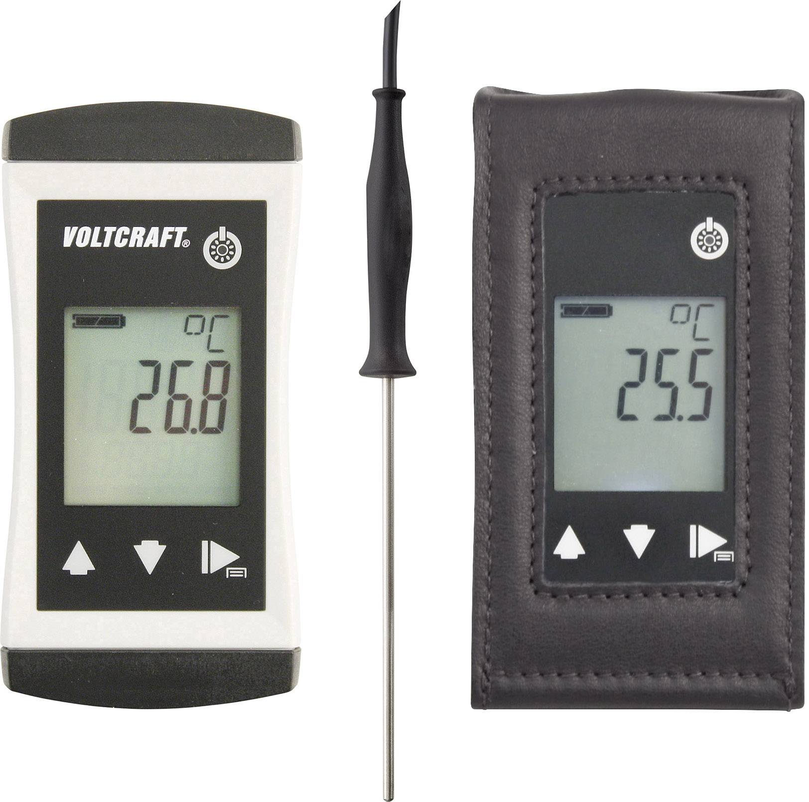 Two digital thermometers with temperature displays: the left shows '26.8 °C' and the right '25.5 °C'. A metal probe is positioned in the centre.