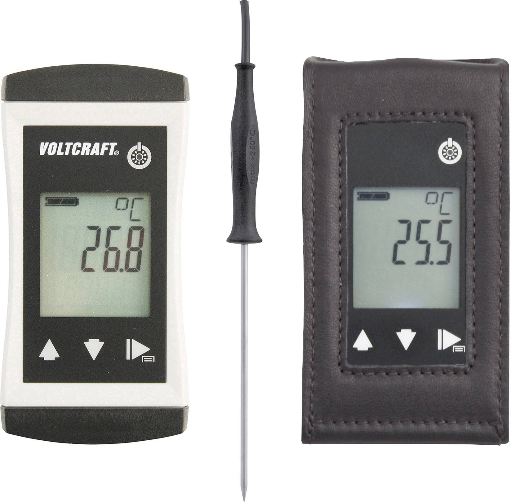 Two digital thermometers; the left one shows 26.8 °C, the right one in a leather case shows 25.5 °C. A temperature sensor in the middle.