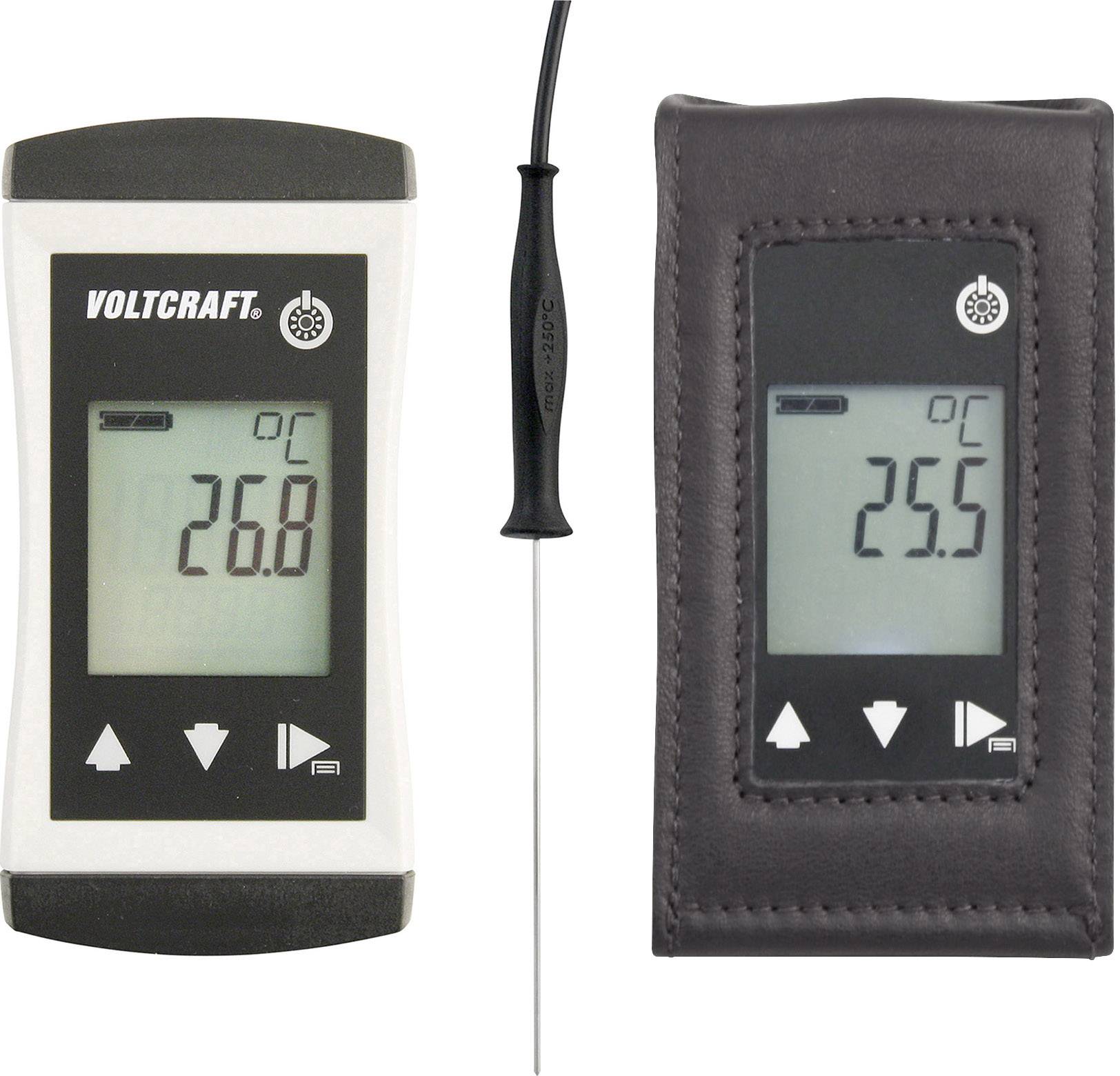 Digital thermometer showing 26.8 °C. Measurement probe beside it. Right-hand device with cover shows 25.5 °C.