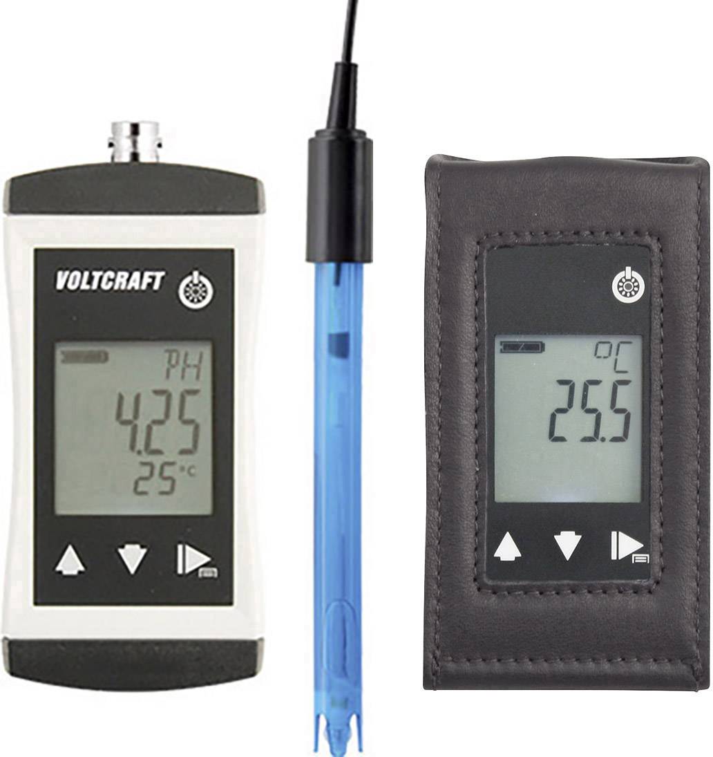 Digital measuring device 'Voltcraft' with blue sensor displays pH value of 4.25 and temperature of 25°C. Beside it, a device in a case with temperature reading of 25.5°C.