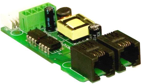 A green electronic circuit board with two black Ethernet ports and several electronic components.