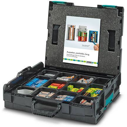 An open, black tool case with nine compartments, filled with various electrical connectors and terminals.