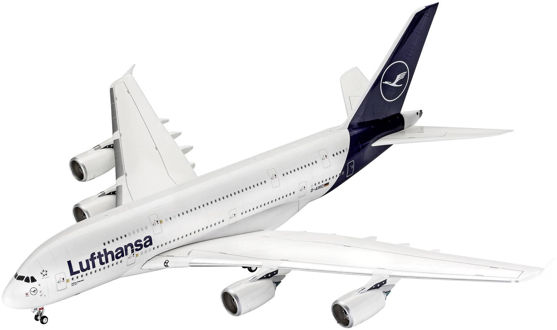 A model aeroplane of a well-known airline with the inscription 'Lufthansa'. The aircraft is an Airbus A380.