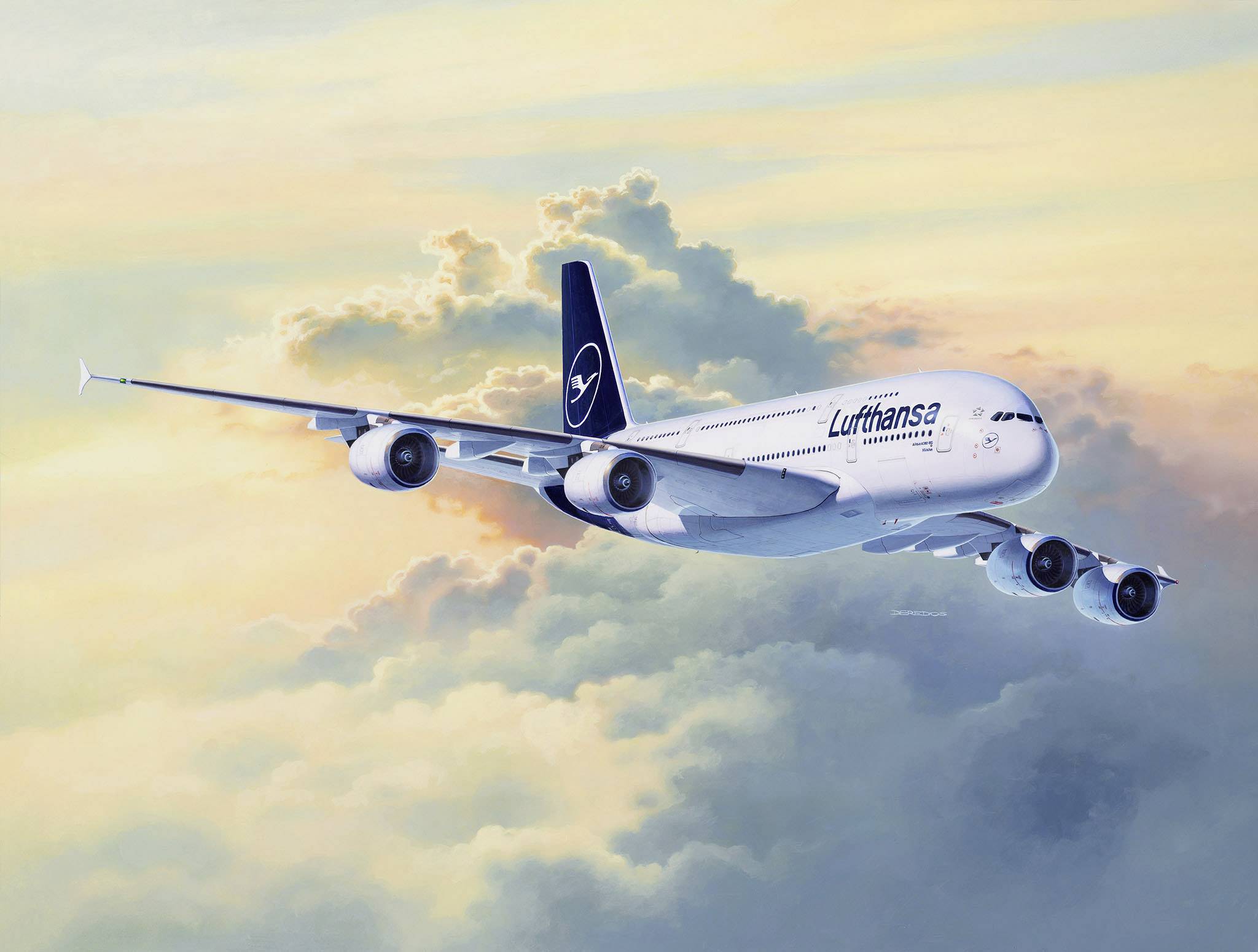 A Lufthansa Airbus A380 flies over clouds in the sunset sky.